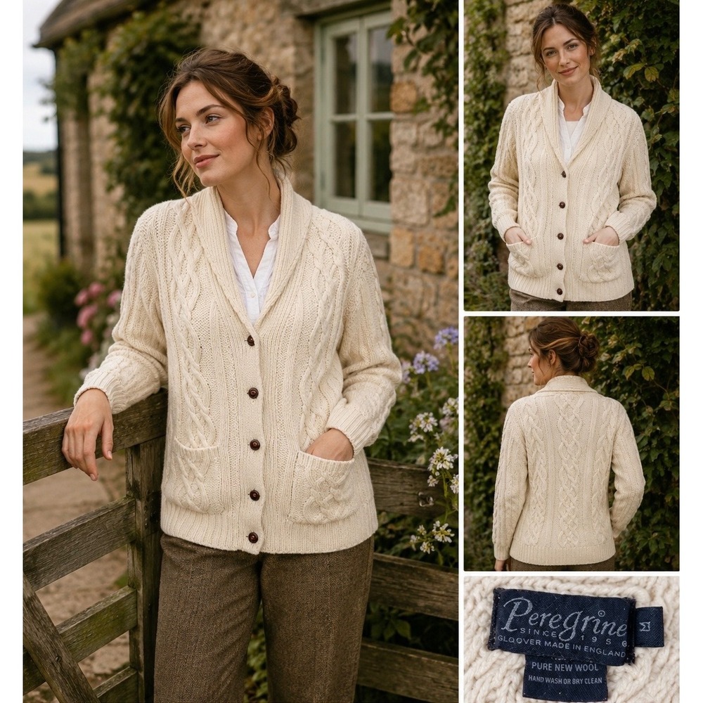 Peregrine Cream 100% Wool Cable Knit Aran Cardigan Sweater Made in England M